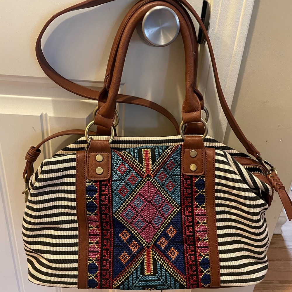MMS Boho Aztec Embroidered Striped Tassel Satchel Handbag Purse